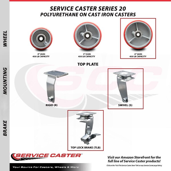 Service Caster 6 Inch Red Poly on Cast Iron Swivel Caster Set with Ball Bearings and Brakes SCC-20S620-PUB-RS-TLB-4 - main